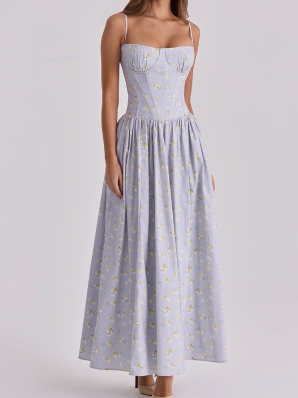 House of CB RONA Blue Wildflower Print Cotton Lace Up Maxi Dress